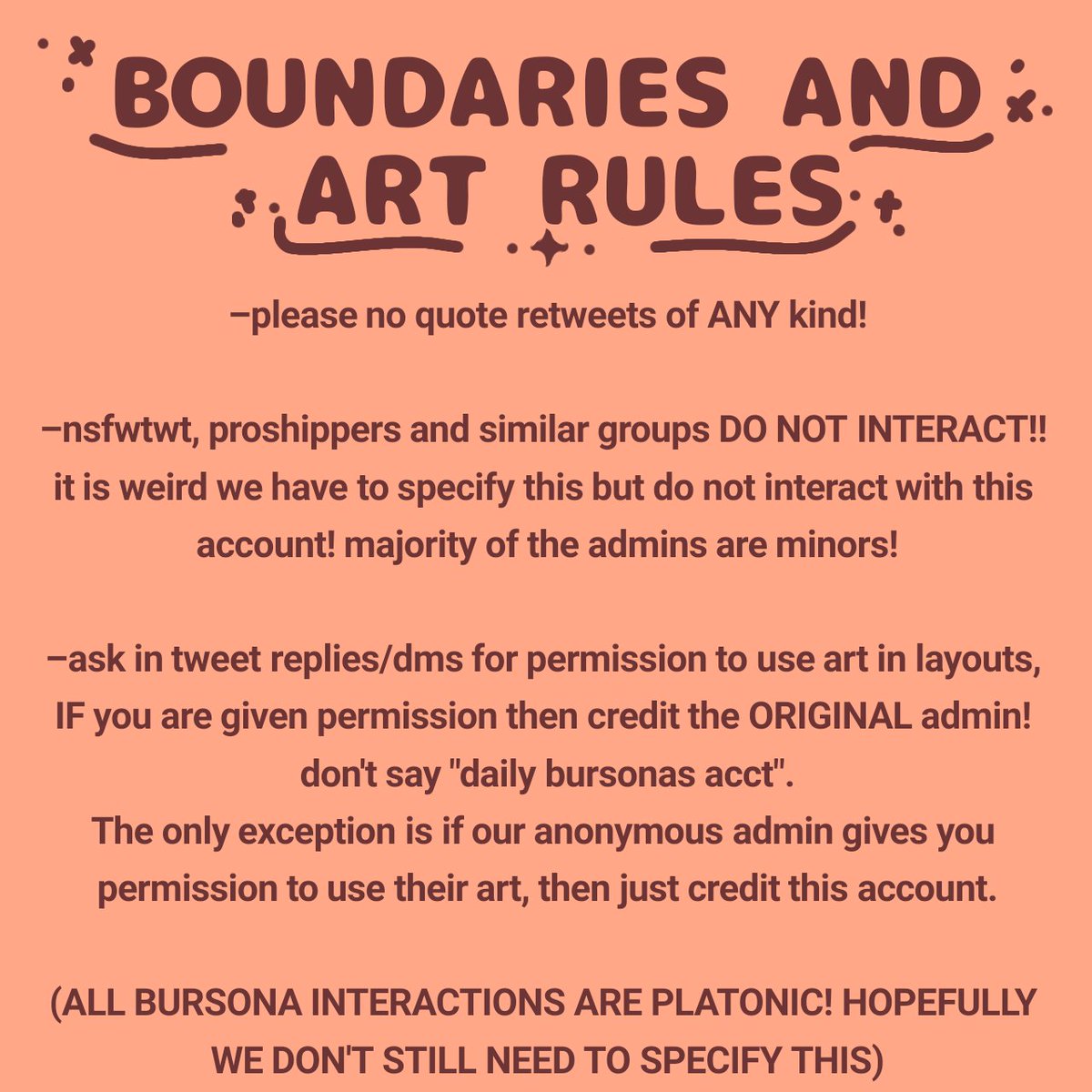 dailybursonas's tweet photo. – Account admins (artists) and our boundaries n rules! –

PLEASE READ BEFORE INTERACTING WITH THE ACCOUNT AT ALL! it only takes a minute or so and it is really important to us ^^ https://t.co/GSfhD6xfEC