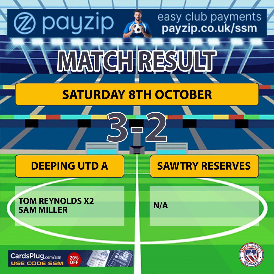 Well that was eventful! 
Sawtry much improved from last season. Battled till the very end so fair play to them, but it was the mighty Deeping coming out on top thanks to reynolds and miller ! Two debuts from Luke ring (man of the match) and Chris wade. Some good goals on display!