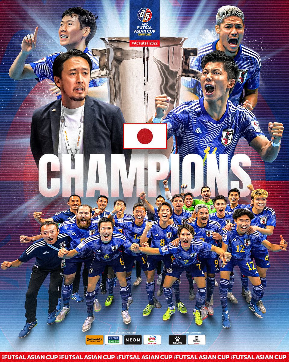 afcasiancup's tweet photo. ✨ 𝗖 𝗛 𝗔 𝗠 𝗣 𝗜 𝗢 𝗡 𝗦 ✨

🇯🇵 Japan are the kings of Asian futsal once again. The men in blue secure their 4️⃣th continental crown! 

#ACFutsal2022 https://t.co/g5ma1JfzRM