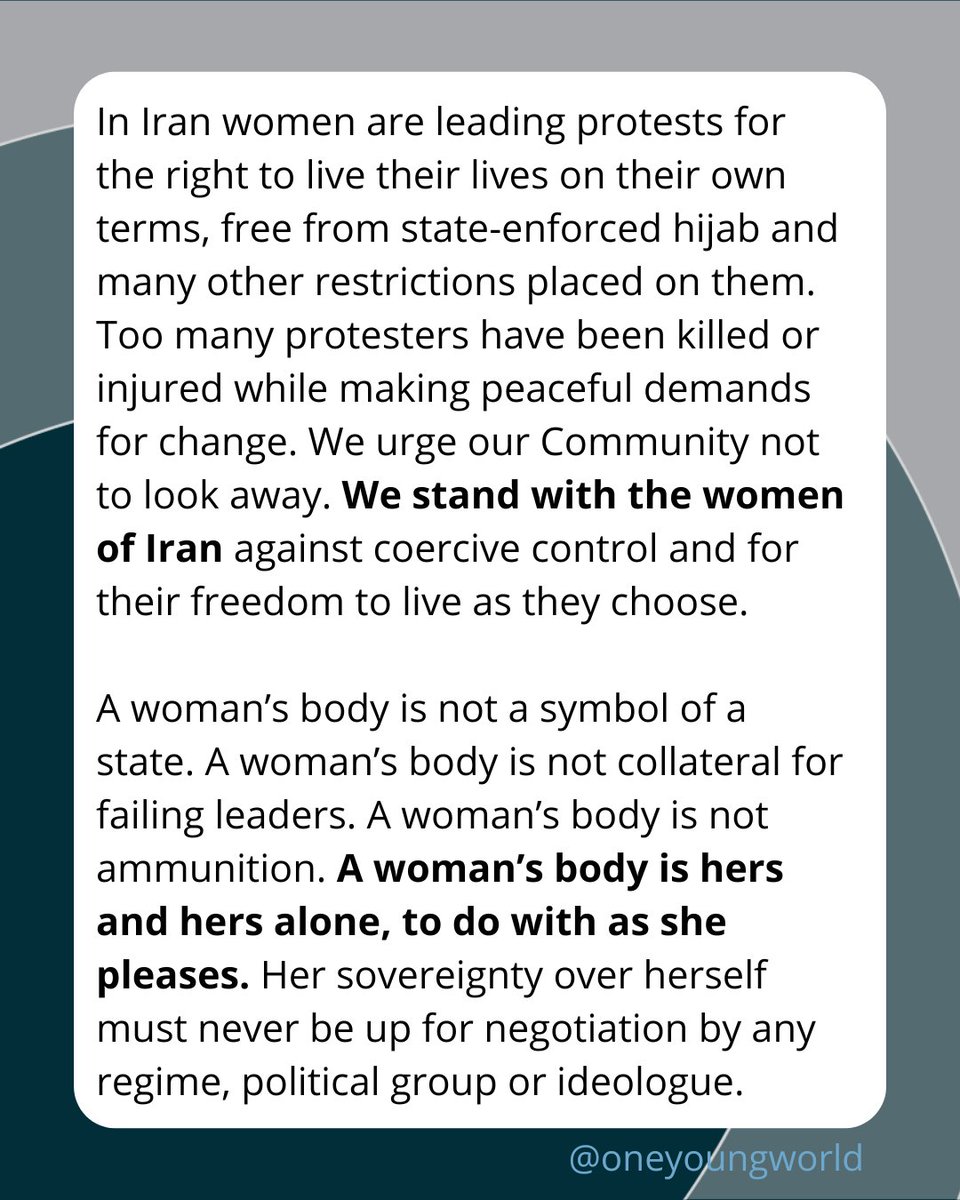 OneYoungWorld's tweet photo. Political and ideological power struggles are being waged and women’s bodies are the battlefield. Women have had enough. Across the world women are protesting for their rights and freedoms. We stand with them. 

Read our open letter to the One Young World Community: https://t.co/dRtv1A1H1E