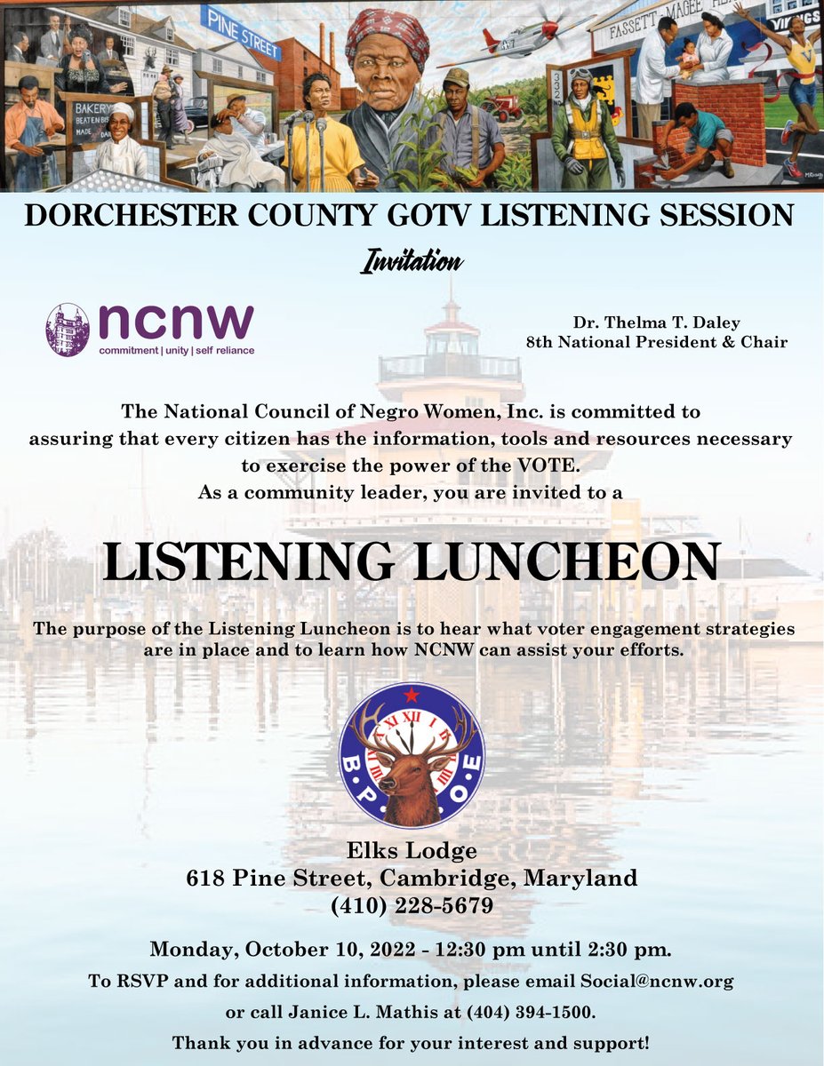 Join us in Dorchester County for a Listening Luncheon about GOTV. If you or someone you know should be here, please email social@ncnw.org and let us know that you would like to attend.