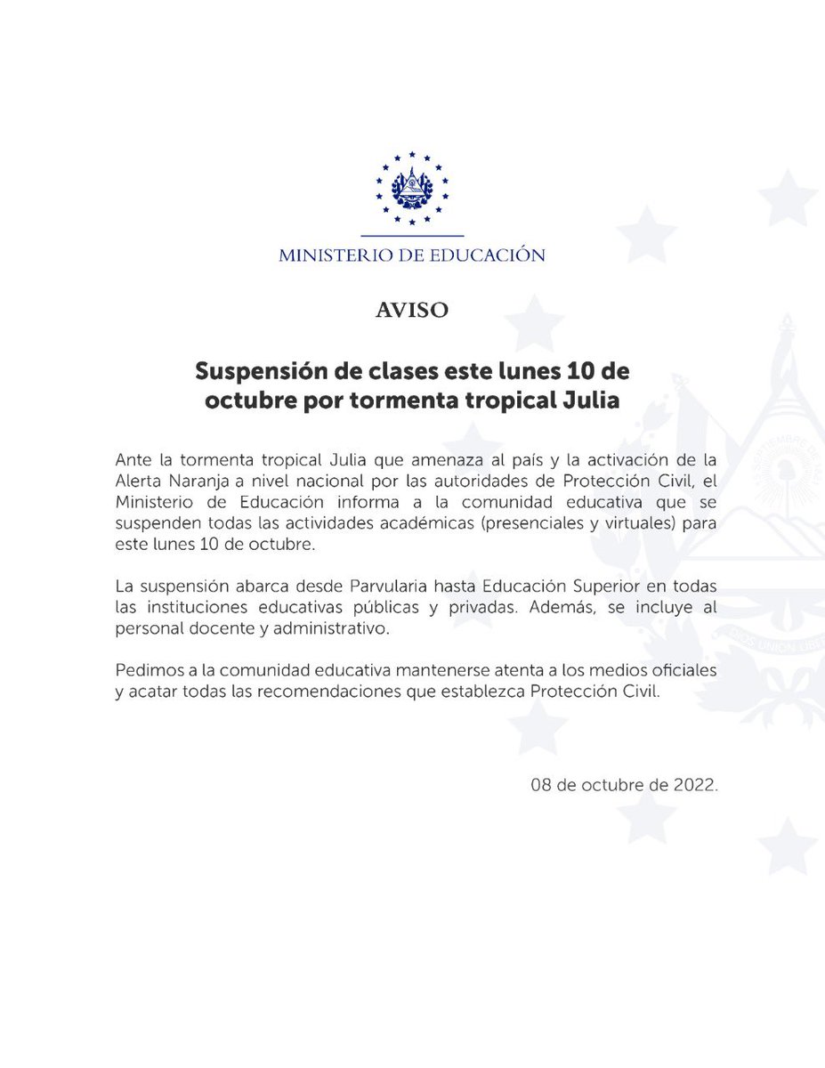 Atención a la comunidad educativa, personal docente y administrativo: ante la amenaza de la tormenta Julia, se suspenden actividades este próximo lunes 10 de octubre.