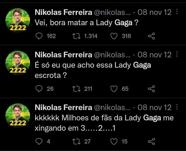 Nikolas Ferreira, Brazil's most voted MP with 1.5 million votes, tweeted about his wish to kill Lady Gaga in 2012. At the time he had only 16 years.
