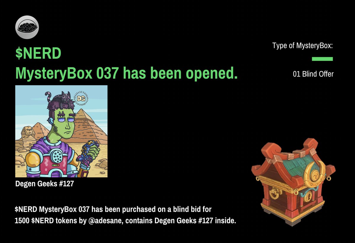 🎁 $NERD MysteryBox 037 has been revealed!🎁

$NERD MysteryBox 037 has been purchased on a blind bid for 1500 $NERD by <a href="/alexandredesane/">Alexandre Desane</a> and it contains @DegenGeeksNFT. Congrats!🧠

Next box will be live in few hours in Discord.👀

#R2E #NAH #Raid2Earn 
<a href="/ApeNerdy/">Nerdy Ape Hub {🧠}</a> 🍇