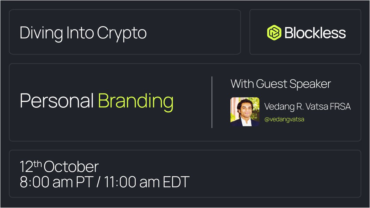 Set a reminder - #Blockless This week’s Twitter Space is on the 12th of October! ✨

Join <a href="/vedangvatsa/">Vedang Vatsa FRSA</a> on 'Personal Branding'!

👀 You DON'T want to miss this conversation - x.com/i/spaces/1BdGY…