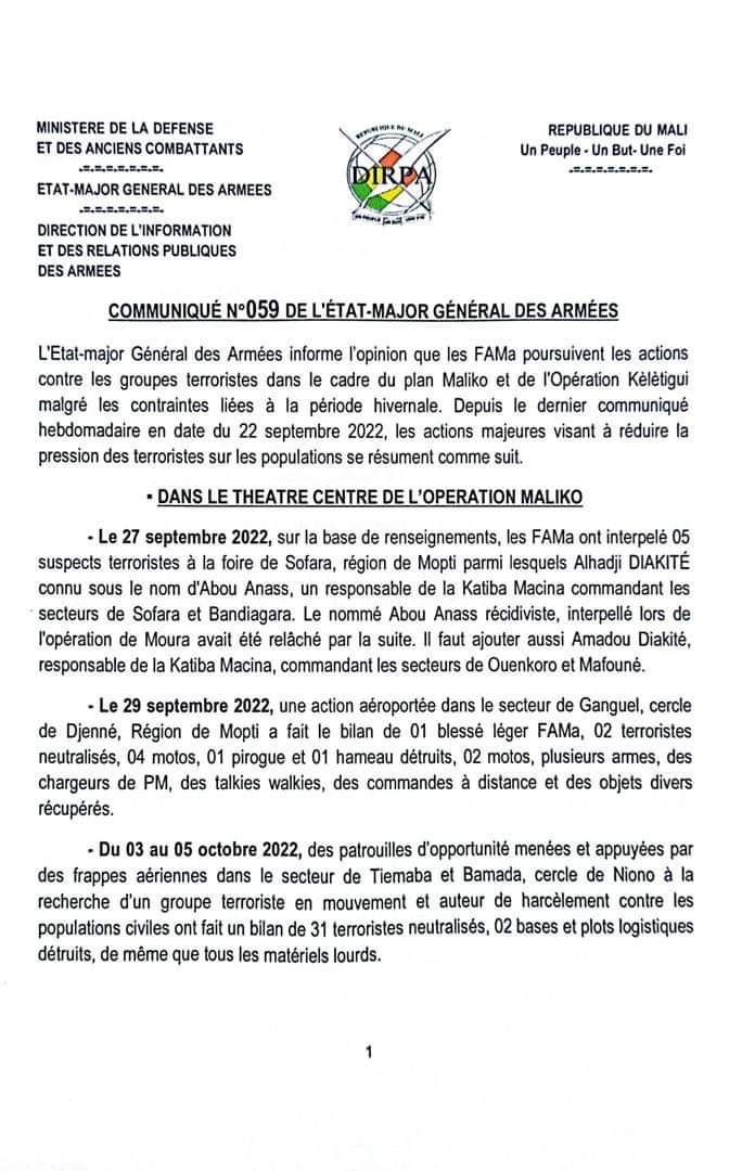 Laccent_'s tweet photo. Du 3 au 5 Octobre 2022, les Forces armées maliennes 🇲🇱 (@FAMa_DIRPA) ont neutralisé 31 terroristes dans les localités de #Tiemaba et #Bamada via des patrouilles d'opportunités et des frappes aériennes.
Pour plus d'informations ⬇️ https://t.co/fNpUEVFNnQ