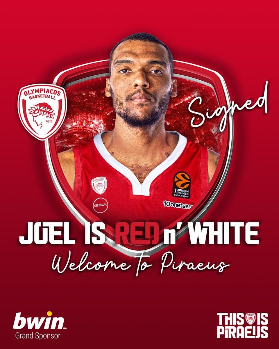 joelbolomboy's tweet photo. I am extremely excited to announce that I have joined @olympiacosbc!!! I look forward to getting to work. I appreciate all the warm welcomes and love shown by the incredible fans! I am grateful &amp; special thanks to coach, the GM, management and everyone else for this opportunity. https://t.co/ireWx1enxH