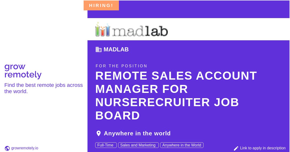 Check out this job at MadLab for the position Remote Sales Account Manager for NurseRecruiter Job Board.

 Apply link: growremotely.io/?id=6340be53a3…

#hiring #remotejobs #MadLab #Others
