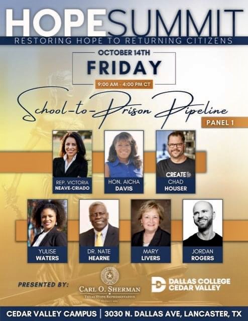 LSJA Justice League member Yulise Reaves Waters (@yulisewaters) will join a panel discussing the “School to Prison Pipeline” Friday October 14th 9am-4pm at Dallas College Cedar Valley Campus (<a href="/dallascollegetx/">Dallas College</a>)  #HopeSummit “Restoring Hope to Returning Citizens”.