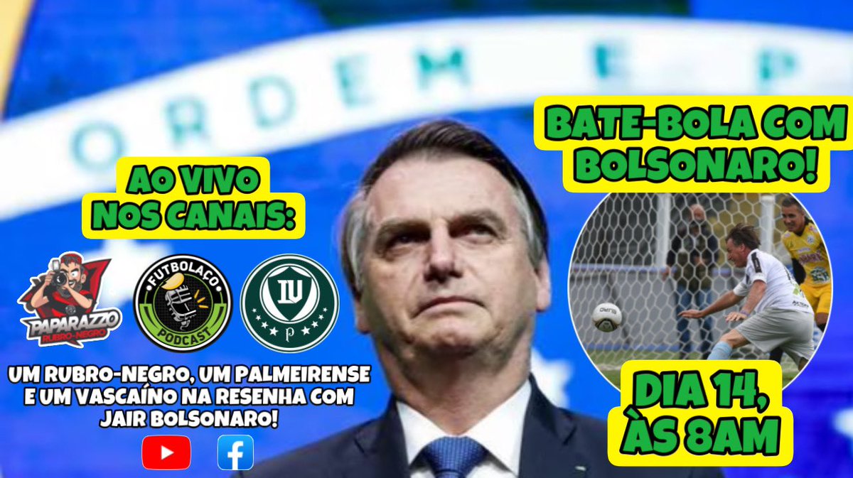 PapaRubroNegro's tweet photo. No próximo dia 14 de Outubro, às 8am, os canais #PaparazzoRubroNegro, #InstaVerde e #Futbolaço vão conversar ao vivo com o presidente da república e candidato à reeleição, Jair Messias Bolsonaro. Papo sobre futebol e muito mais! #BateBolacomBolsonaro @jairbolsonaro https://t.co/GMB1f9WPkh