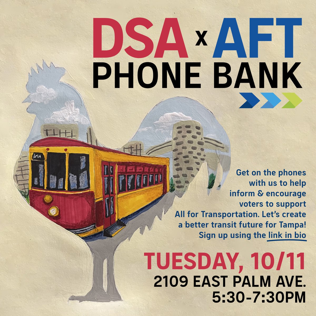 TDSAEcoSoc's tweet photo. TUESDAY from 5:30-7:30PM, we'll be hosting a phone bank in support of All for Transportation!

If you’re sick of Tampa’s subpar transit system, hop on the phones with us and tell people to VOTE YES for AFT.

Sign up using the LINK IN BIO!

Art made by our comrade, Emily ♥️🐓🚌 https://t.co/DK6uQlL1Y6