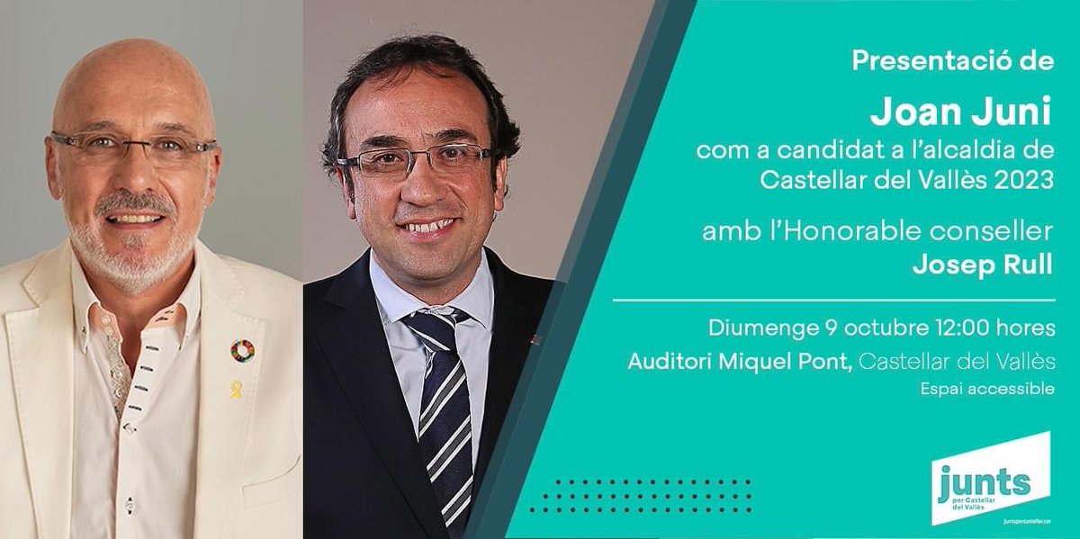 joan_juni's tweet photo. Tinc el plaer de comunicar-vos, que el diumenge 9 d'octubre faré la meva presentació com a candidat a l'alcaldia de Castellar del Vallès. Comptarem amb l'assistència de l'Honorable conseller Josep Rull.
Es prega confirmar assistència, info@juntspercastellar.cat otelèfon 649977380 https://t.co/PAAV5qNvDu