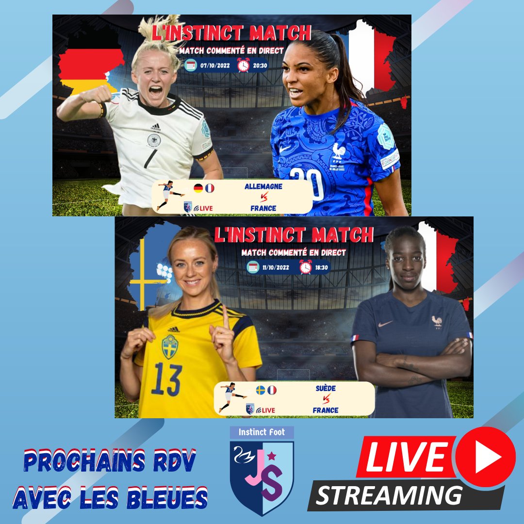 instinctfoot's tweet photo. Les prochains RDV de l'équipe de France Féminine seront le 07/10/2022 et le 11/10/2022, face à L'allemagne et la suède qualifiées pour la prochaine coupe du monde
Lien du match Commenté
👉 https://t.co/6zYjomdjeM
#equipedefrancefeminine #instinctfoot #football #allemagne #suede https://t.co/1q9T6v5oCg