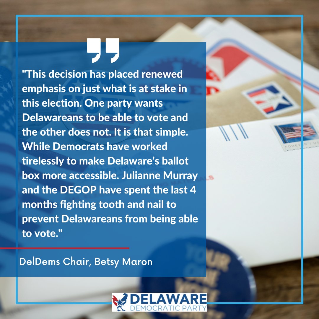Deldems's tweet photo. State Chair Maron weighs in on DE Republicans ending Vote by Mail in Delaware. For the full statement visit, https://t.co/CNJS7JTNTi https://t.co/0KoE3p0f6i