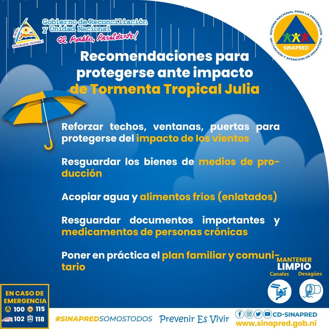 #Nicaragua 🚨🚨🚨 Seguir recomendaciones de @SINAPREDnic ante Tormenta Julia 🌀