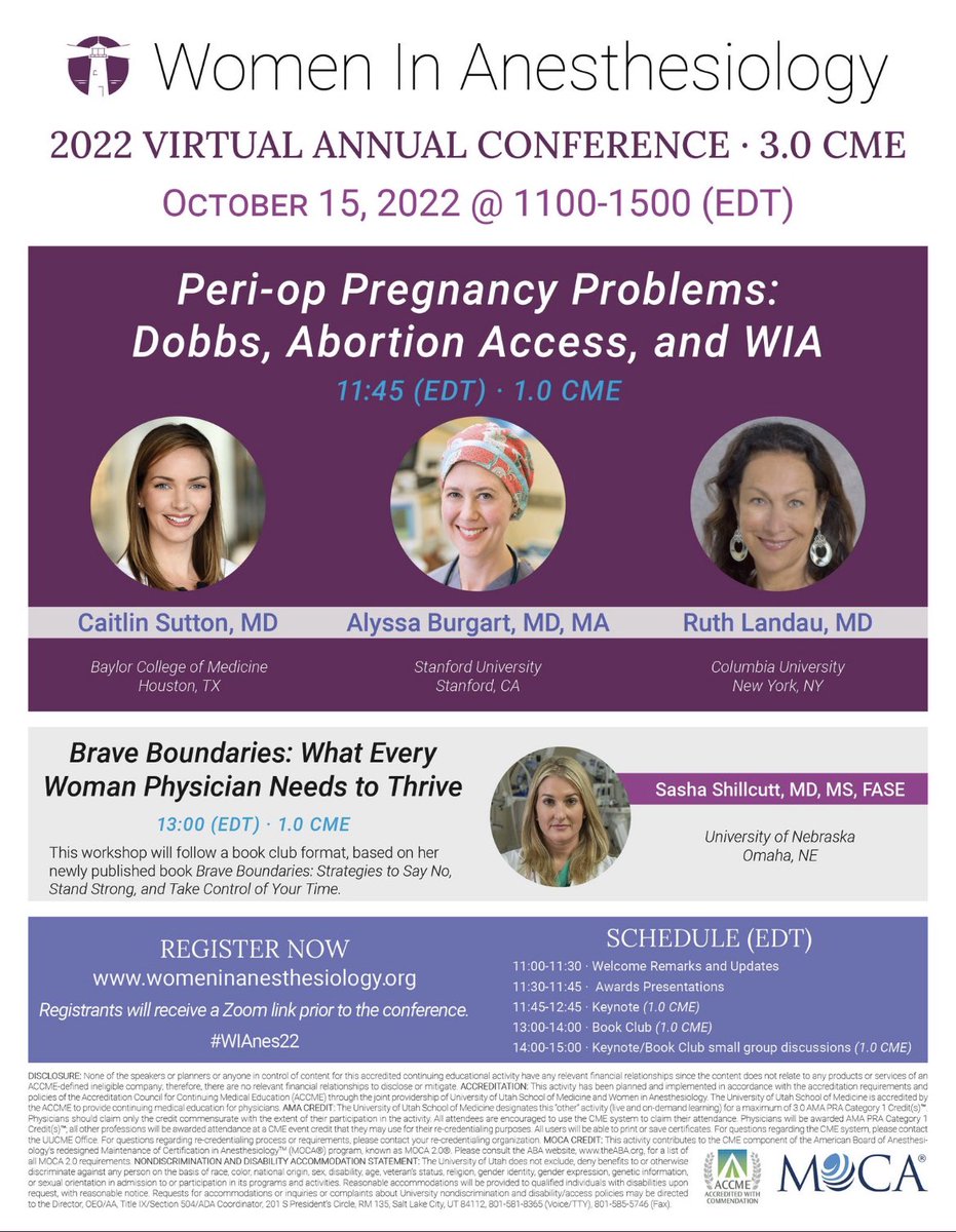 Join @ebmalinzakMD, @MeghaParekhMD, @BurgartBioethix, @ruthi_landau, @SashaShillcutt, and me for #WIAnes22 in just 1 week! Register at womeninanesthesiology.org today!