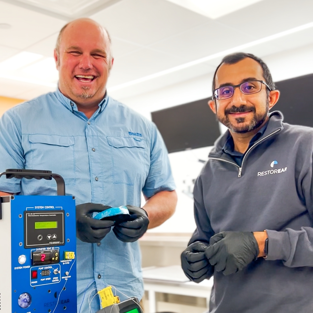 RestorEar's tweet photo. Dr. Suhrud Rajguru and Curtis King combined their knowledge and expertise to create #RestorEar. They’re proud to be part of developing cutting-edge technology to help those who suffer from NIHL and other hearing-related diseases. #NIHL #HearingHealth https://t.co/d6yr4yzLnJ