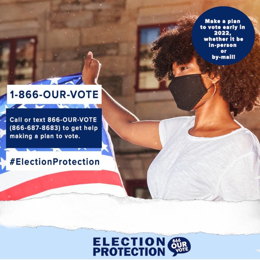 #ElectionProtection will help you resist and overcome any attempts to suppress your vote. If you experience voter suppression, immediately call 866-687-8683 or go to 866ourvote.org. #ProtectOurVote #DemVoice1 #OurBlueVoice