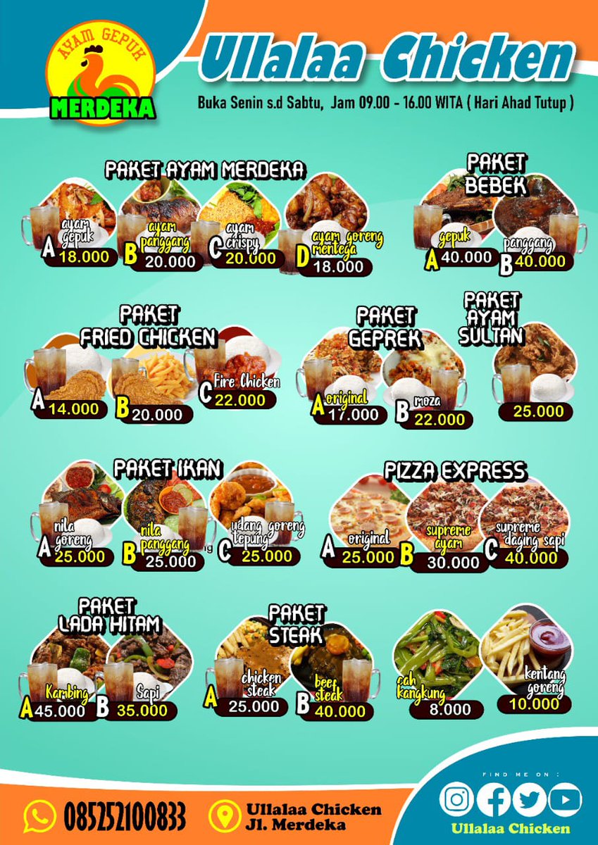 Ullalaa_Chicken's tweet photo. #Ullalaachicken #daftarenu #ayamgepuk #ayamgeprek #pizza #ayamsultan #chickensteak #beefsteak #bebekkremes #kambingladahita #friedchicken #bumbumarinasi #ayamcrispy #ayampangang https://t.co/0mcqfLv2QQ