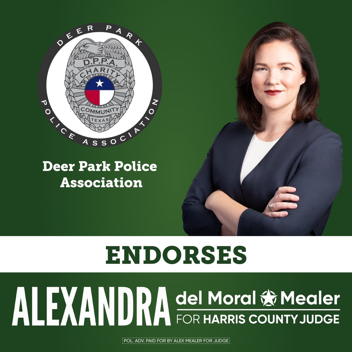 AlexMealerTX's tweet photo. Thank you Deer Park Police Association for the endorsement and the work that you do to keep our communities safe. https://t.co/piZJ50qrAs
