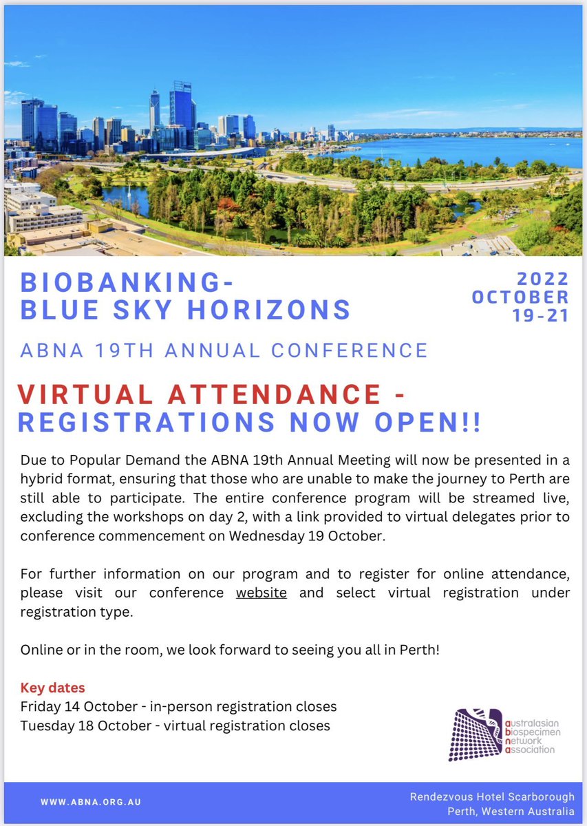 CassPGriffin's tweet photo. Unbelievably excited that we are able to offer virtual attendance for @ABNAonline's annual meeting! Still plenty of time to register, both for in person attendance and online at https://t.co/aQzykNiXSc #Biobanking #Biospecimenscience https://t.co/fTo2XHf04i