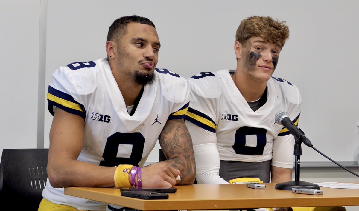 ByAZuniga's tweet photo. Ronnie Bell and JJ McCarthy react when asked about the penalties called in today's Michigan game. 

Really think Ronnie Bell's face says it all. https://t.co/E7LCUGaYji