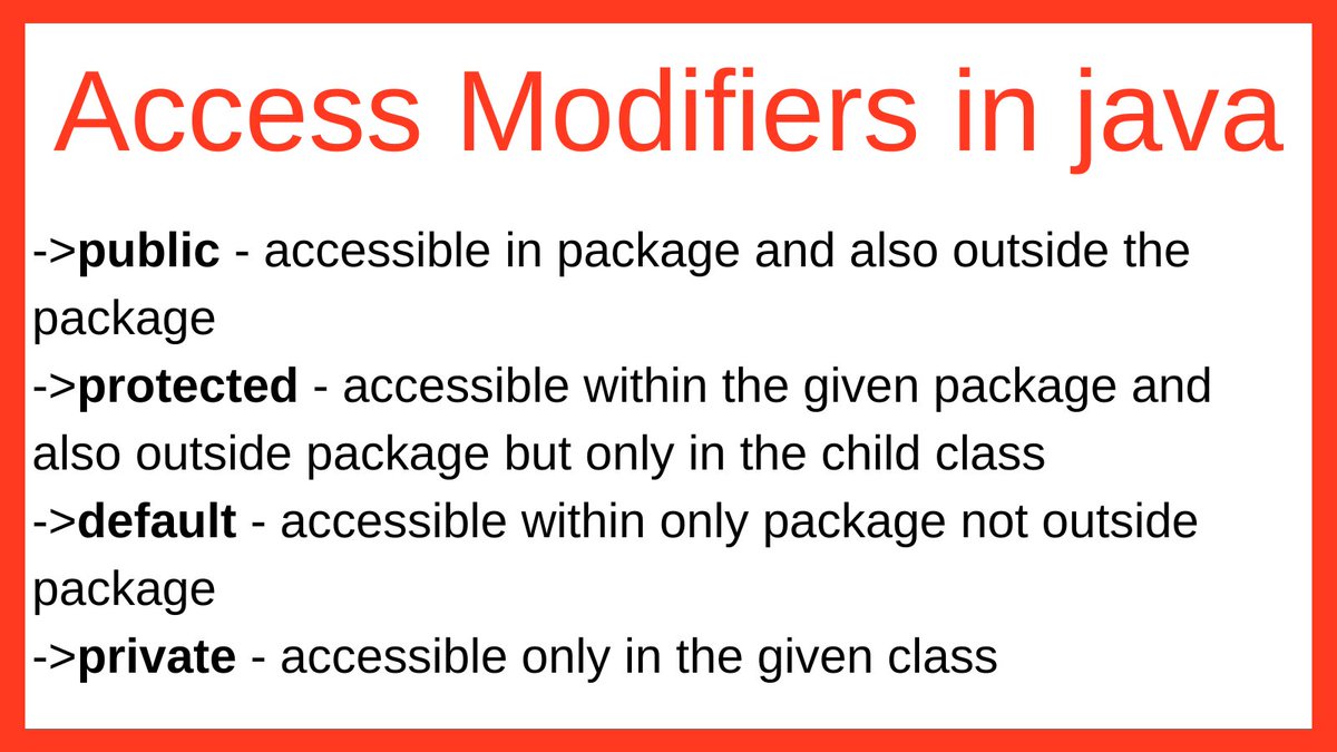 Access Modifiers in java
public
protected
default
private
#java #100daysofcoding #Day2 #100daysofcode
#AccessModifiers