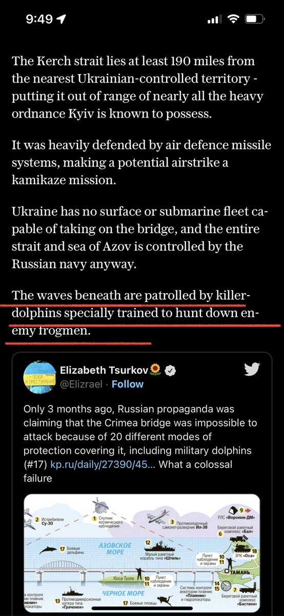 chrisdcline's tweet photo. Hey @Telegraph, I’m curious to know who your sources are on this one. Did you get one of the specially trained killer-dolphins to go on record?

“The waves beneath are patrolled by killer-dolphins specially trained to hunt down enemy frogmen.”
https://t.co/hD5A0MX4DO https://t.co/PfbPraCdoC