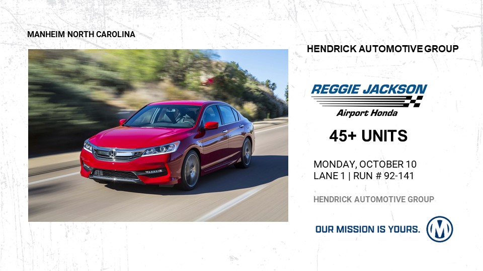 ManheimNC's tweet photo. Reggie Jackson Airport Honda of the Hendrick Automotive Group returns this Monday for the Client Appreciation Sale!  See them in Lane 1 with more of the inventory you need.  Preview all the Hendrick inventory at https://t.co/VsfAXHklA7.  #manheimnorthcarolina #manheim https://t.co/fJgl4DUayX
