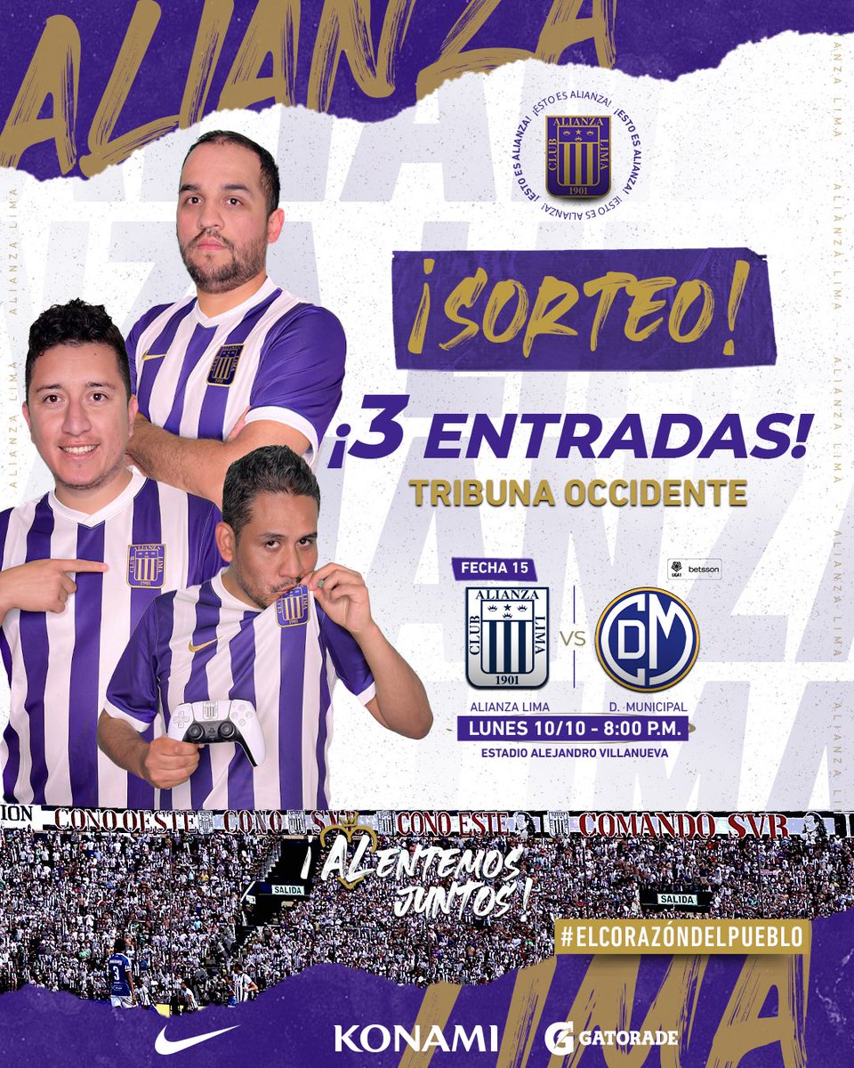 ClubALesports's tweet photo. ¡𝗦𝗢𝗥𝗧𝗘𝗢! 🏆💜🎟

Sé uno de los 3️⃣ ganadores para asistir al partido por la fecha 15 ante Municipal en casa. 🤩🏟️

Pasos: 
1️⃣ Seguir la cuenta.
2️⃣ RT a la publicación.

Los ganadores serán anunciados mañana domingo a las 9:00 PM en cada red social. 🍀

#JuntosHastaElFinal 💙 https://t.co/XrifvTcKFv