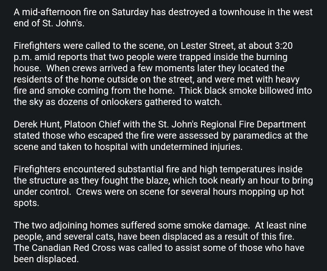 At least nine people have been displaced following an afternoon fire that destroyed a townhouse on Lester Street in the west end of St. John's.  #nltraffic <a href="/NTVNewsNL/">NTV News</a>