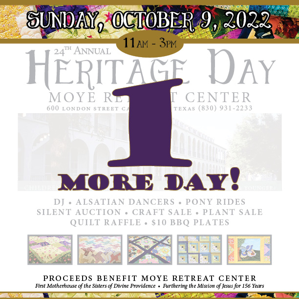 CDPSister's tweet photo. Heritage Day is tomorrow! Join us on Sunday from 11am-3pm at the Moye Retreat Center in Castroville, Texas. The Sisters look forward to this event all year. It is a wonderful opportunity to share their crafts, baked goods, stories and original Motherhouse in Texas with you. https://t.co/mDeSqnppxX