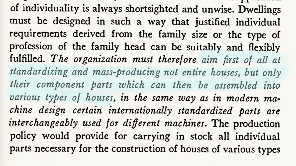 tmccormick's tweet image. "standardize &amp;amp; mass-produce not entire houses, but…component parts which can be assembled into various types of houses." 
#Gropius,“Housing Industry” 1924 modernistarchitecture.wordpress.com/2010/10/28/wal… &amp;amp; in Scope of Total Architecture 1956. @fuller_brandon @oliverdavidwow @alfred_twu #componentization