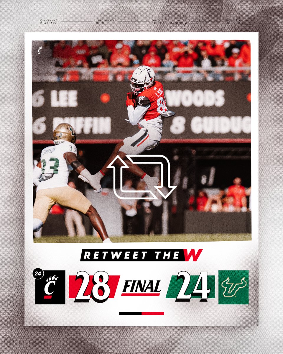 Cincinnati Bearcats (@gobearcats) on Twitter photo JUST WIN, BABY 👏
<a href="/GoBearcatsFB/">Cincinnati Football</a> beats South Florida on #UCHomecoming to move to 5-1 and run the Nippert Stadium win streak to 3️⃣0️⃣ games‼️ JUST WIN, BABY 👏
<a href="/GoBearcatsFB/">Cincinnati Football</a> beats South Florida on #UCHomecoming to move to 5-1 and run the Nippert Stadium win streak to 3️⃣0️⃣ games‼️