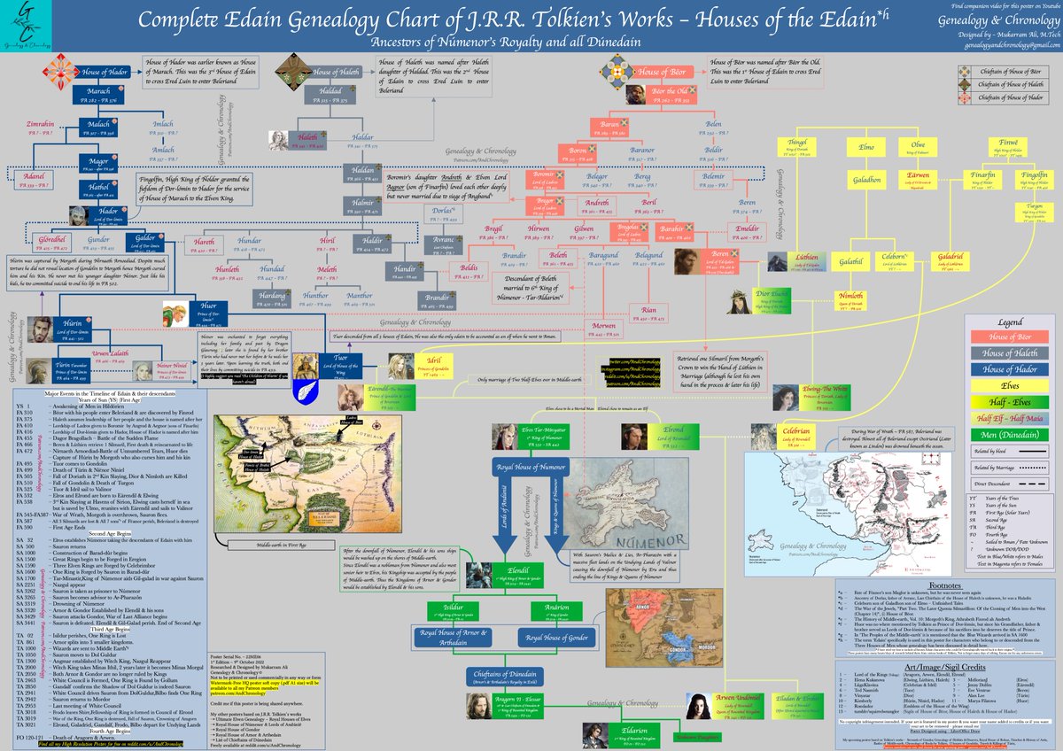 ChronologyGuide's tweet photo. My 6th Poster based on #Tolkien's Works
Complete Edain Genealogy of J.R.R. Tolkien's Works.
Ancestors of #Númenor'ians & all #Dúnedain
House of #Bëor -House of #Haleth & House of #Hador
Featuring on this poster are #Beren #Lúthien #Húrin #Túrin #Tuor #Eärendil #Elros #Elrond
(1) https://t.co/OeRsuKtMZS
