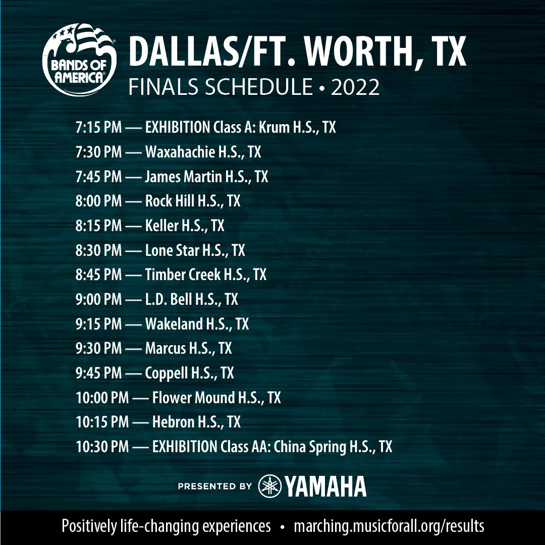 Congratulations to all finalists bands at the Bands of America Dallas/Ft. Worth Regional Championship, presented by Yamaha. We'll see you back when gates open at 6:30 p.m. #boa2022