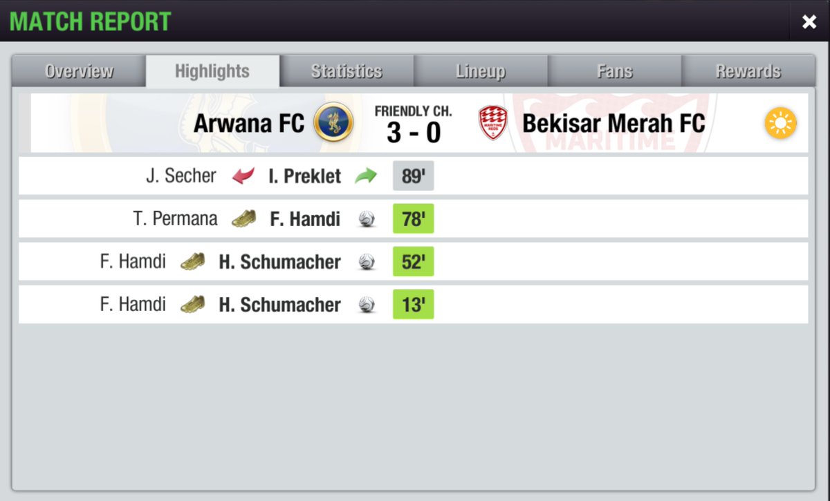 LIGA 1 <a href="/LigaTopEleven/">Liga Top Eleven Indonesia 🇮🇩</a> SEASON 21
Match 2️⃣5️⃣

Arwana FC 3-0 @bekisarmerahtfc
⚽⚽ H. Schumacher 13', 52'
⚽ F. Hamdi 78'
-

Masih berada di jalur yang tepat.

#COYBD
#TopEleven
#LigaTopEleven
#Liga1S21