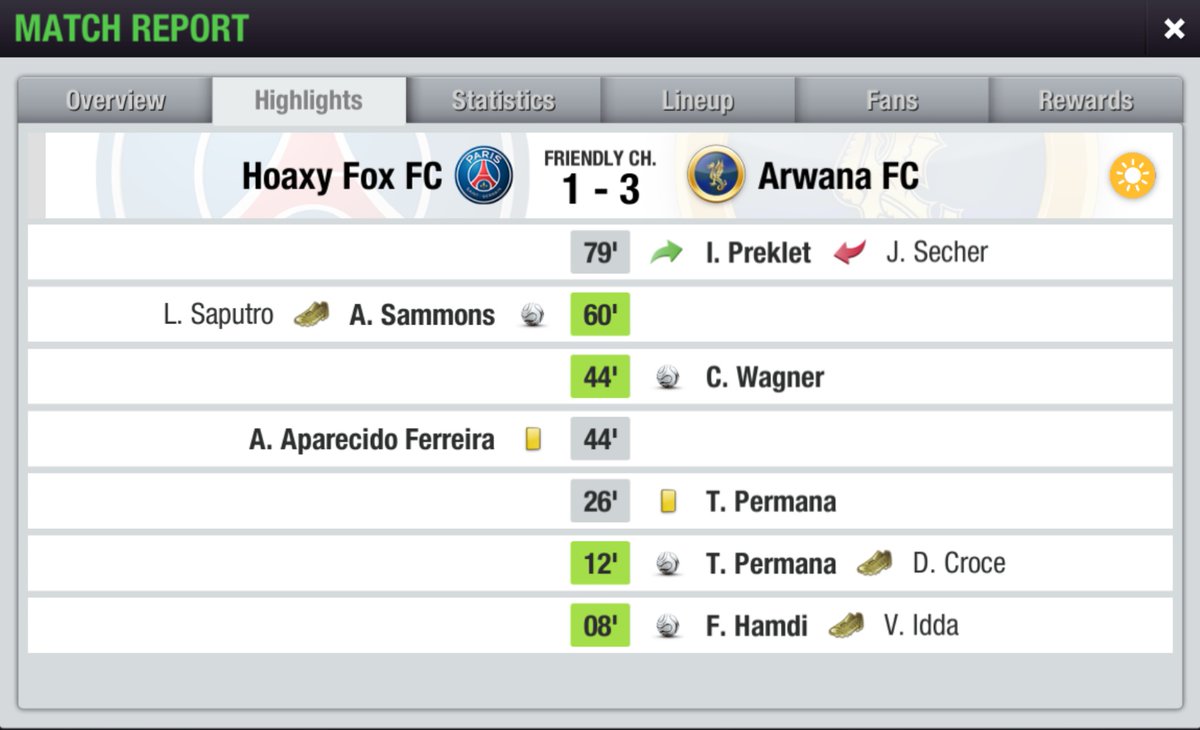 LIGA 1 <a href="/LigaTopEleven/">Liga Top Eleven Indonesia 🇮🇩</a> SEASON 21
Match 2️⃣6️⃣

<a href="/HoaxyFox/">Hoaxy Fox</a> 1-3 Arwana FC
⚽ A. Sammons 60'
-
⚽ F. Hamdi 8'
⚽ T. Permana 12'
⚽ C. Wagner 44'

Mengunci gelar juara Liga 1 untuk yang ke-4 kalinya.

#COYBD
#TopEleven
#LigaTopEleven
#Liga1S21