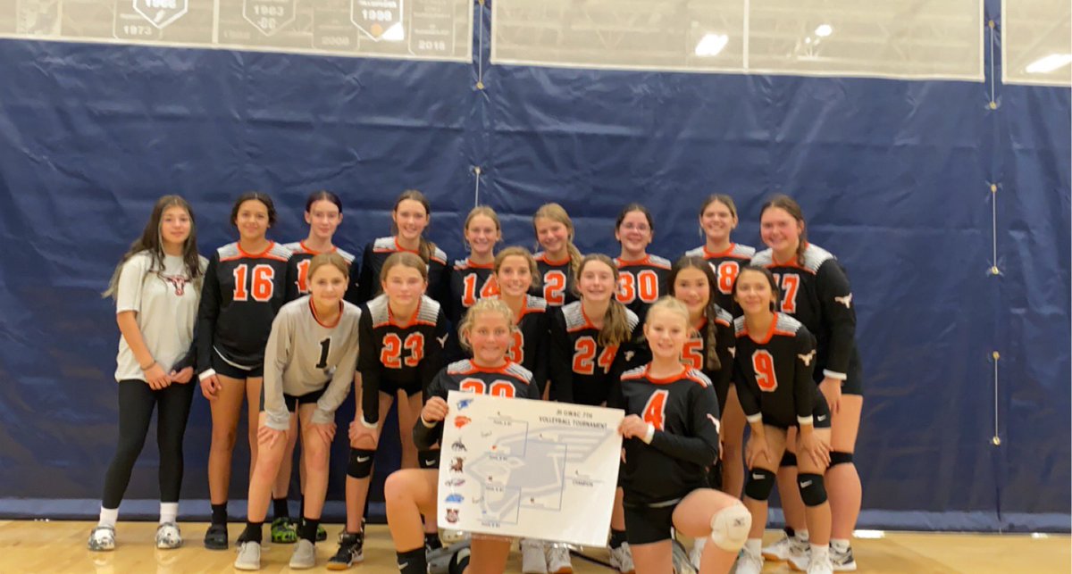 7th Grade Volleyball GWAC Champs!!! 8th grade 3rd Place tie!! Super proud of their season. Congrats to these athletes and coaches!! Big thanks always to our parents and fans.  🏐🤘🏼🖤. #HornsUp