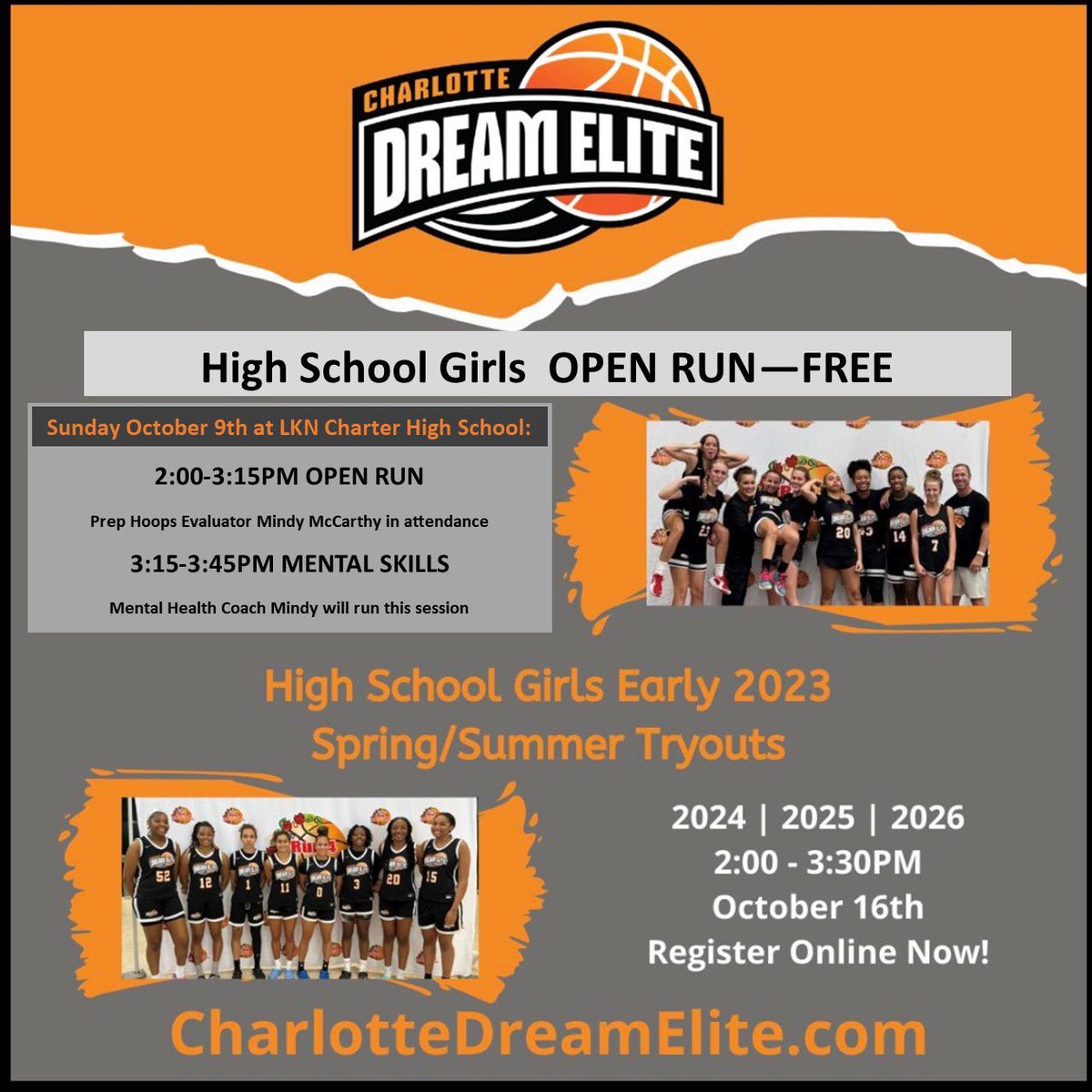 💥FREE HS GIRLS OPEN RUN SUNDAY OCTOBER 9th 2:00PM! Updated location. 💥@Mindy_McCarthy3 will be in attendance AND she will talk about the importance of MENTAL SKILLS‼️ 💥Details on graphic. Register here: CharlotteDreamElite.com/waiver #charlottedreamelite