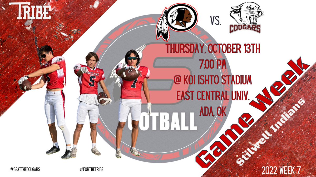StilwellOKHSFB's tweet photo. The Tribe travels to combat the Cougars!
๐Ada
๐๏ธ Thursday Oct 13
โ๏ธ 7:00 PM CT
๐ Koi Ishto Stadium, East Central Univ, Ada, OK
#BeatTheCougars #ChasingOneAndZero #IAGDTBAI #StilwellSpirit #OKHSFB #RunItBack #ForTheTribe https://t.co/ukSgsBZJbe