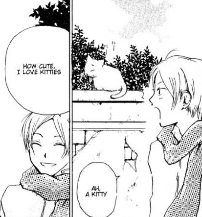 Screengrab of two panels from the manga Natsume's Book of Friends. Natsume looks at a cat on a ledge behind him and goes 'Ah, a kitty'. In the second panel he smiles and says 'How cute, I love kitties'.