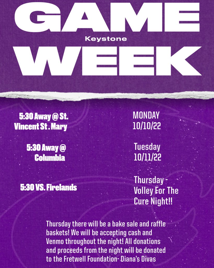 Keystone_VB_'s tweet photo. This weeks game schedule:
It’s our LAST week of regular season before play offs!! So come out an support! 
Monday: 5:30 start time - Away
Tuesday: 5:30 start time - Away 
Thursday 5:30 start time - HOME &amp; Volley For The Cure Night!! 🎀 https://t.co/EalEtIUtEm