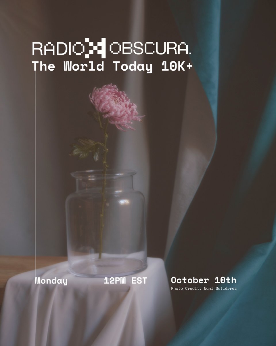 🎙️Join us on Monday with <a href="/obscuratwt/">The World Today 10k+</a> for 15th week of auctions from TWT Artists <a href="/G_Halpy/">Gregory Halpern</a> <a href="/piravilela/">Rafael Vilela</a> <a href="/nanigutierrez_/">Nani Gutiérrez</a> <a href="/deeptiasthana/">Deepti Asthana</a> <a href="/euniceadorno/">Eunice Adorno</a> <a href="/JorgePanchoaga/">Panchoaga</a>

Next week's gallery is curated by <a href="/ilikethenight_/">Alessandra</a>🗺️

📅Oct 10th, 12pm EST

Set Reminders!⤵️
🔗x.com/i/spaces/1ypJd…