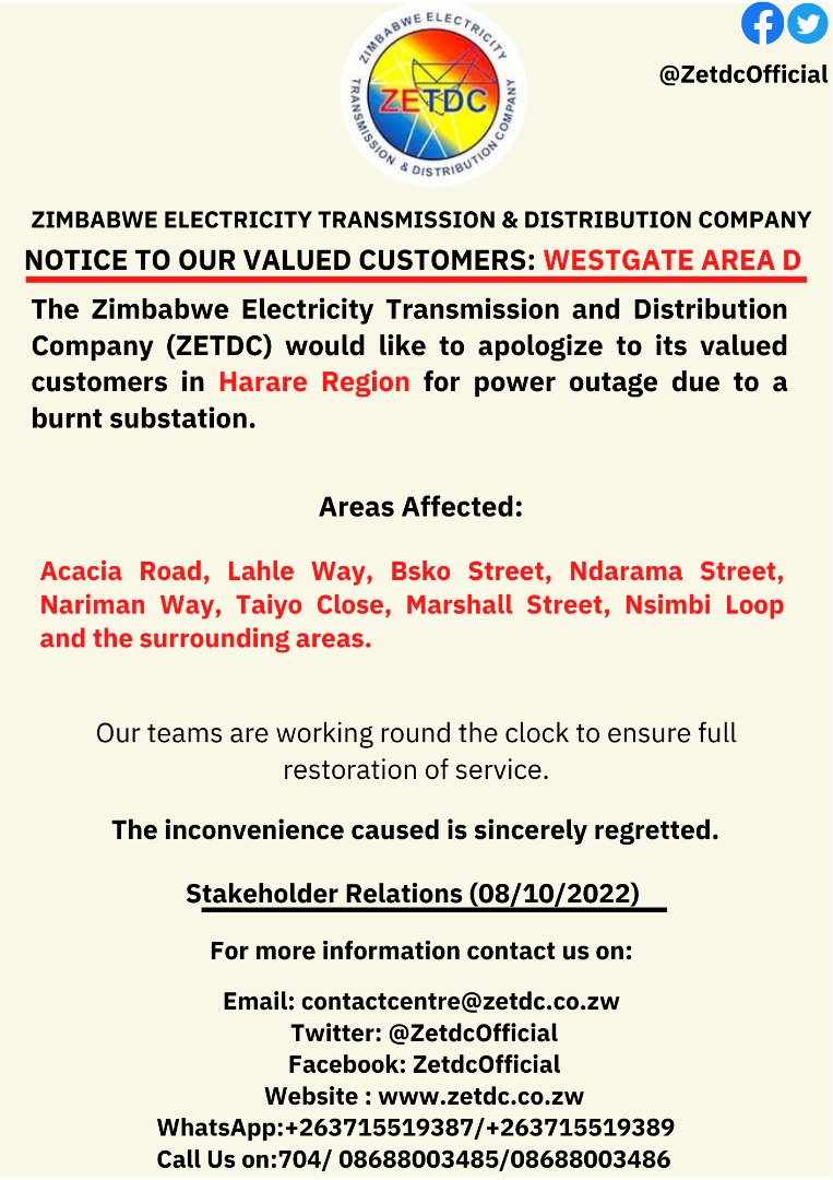 AsterXe_dex's tweet photo. #Poweroutage 
#Westgate #AreaD
Clients in the mentioned areas kindly take note. 
@HeraldZimbabwe @NewsDayZimbabwe @officialzpc @ZBCNewsonline @ZimEye @PowerTelZW @VaMusasa https://t.co/6JqNxmsbDg