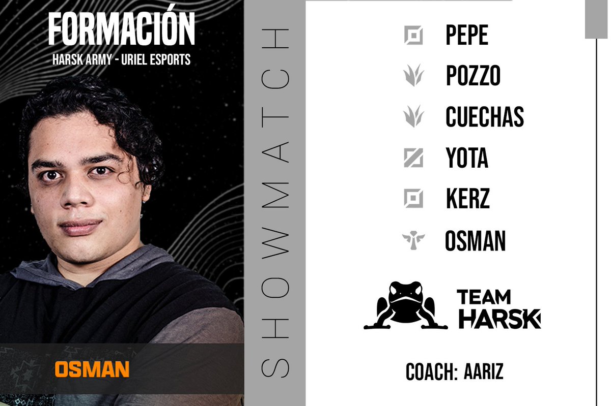 Hoy dia hay showmatch de LoL contra @UrielEsports 
Transmitido en twitch.tv/urielesports
-----
7 PM 🇲🇽🇵🇪🇪🇨🇨🇴
10 PM 🇦🇷🇧🇷🇨🇱
6 PM 🇭🇳🇨🇷
-----
Salimos a ganar con la siguiente formación hoy día: