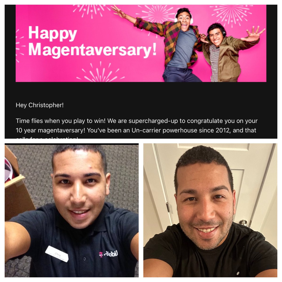 10 years at <a href="/TMobile/">T-Mobile</a> today. Pic from day one and today. While the view in the camera lens has changed slightly😜over the years, my love for the people I’m on this magenta journey with is strong as ever. To the next 10..