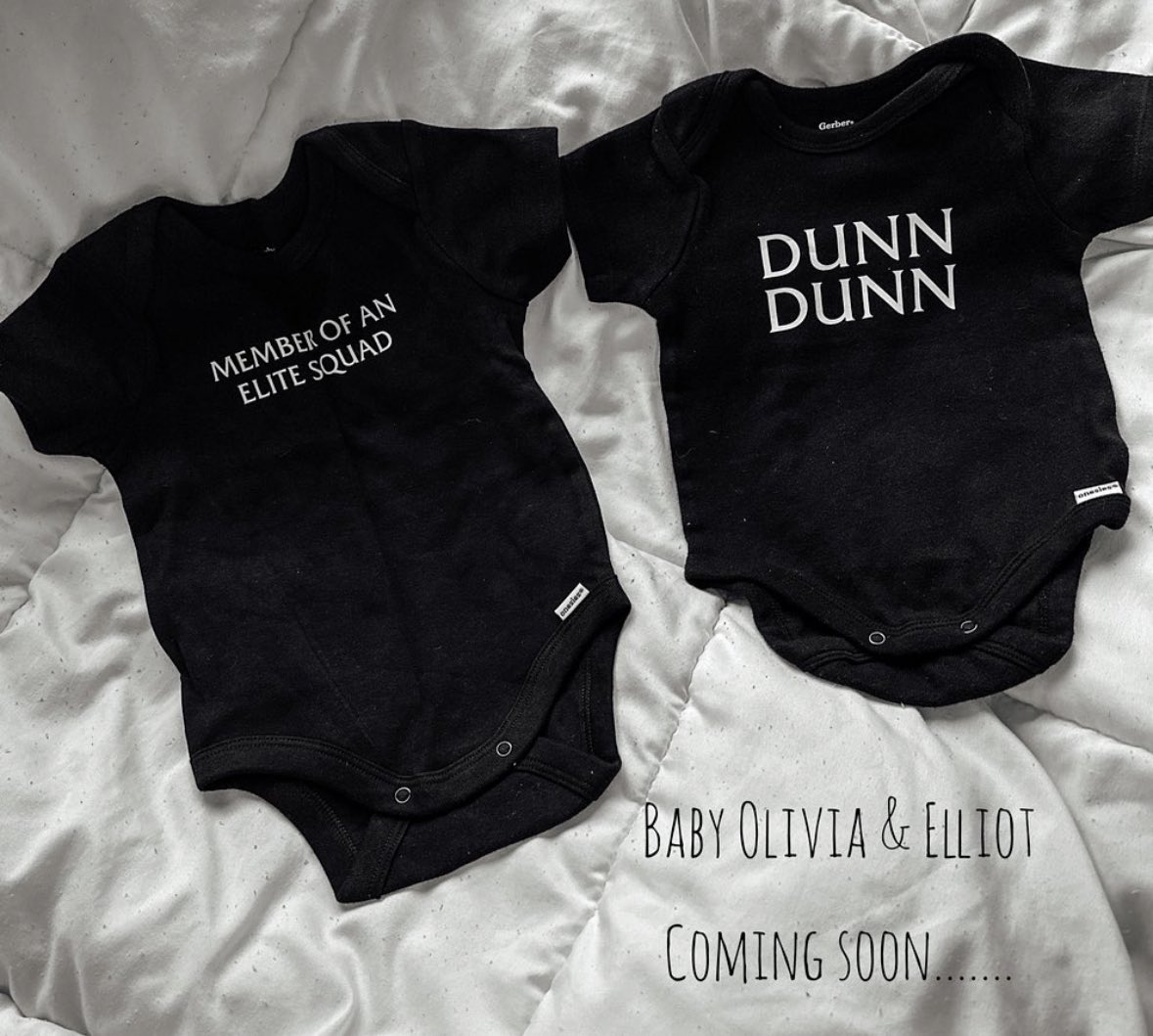 cynsvision's tweet photo. The twins onsies finally arrived and we are over the moon!!!! Can’t wait to see baby Olivia and Elliot in these. Our miracle twins 😍 @Ren1021 

#lawandordersvu #mariskahargitay #christophermeloni #bensonandstabler #svu 
@Mariska @Chris_Meloni @lawandordertv @SVUWritersRoom https://t.co/igYrruhRTq