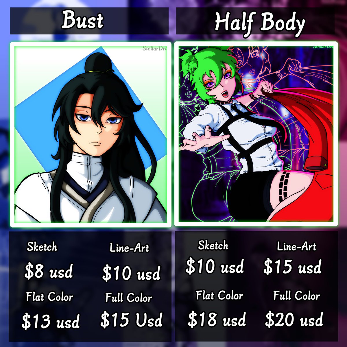 DrawingsStella's tweet photo. ✨Commissions are open✨

6 Slots availables

-50% to extra character

⭐Background + $5 usd
⭐Payment via paypal
⭐Delivery times between 1 to 2 weeks

#commissions #commissionsopen #commissionsheet #commissionsareopen #commissionprices #lookingforartist #artcommission #art https://t.co/mbqnezF90w
