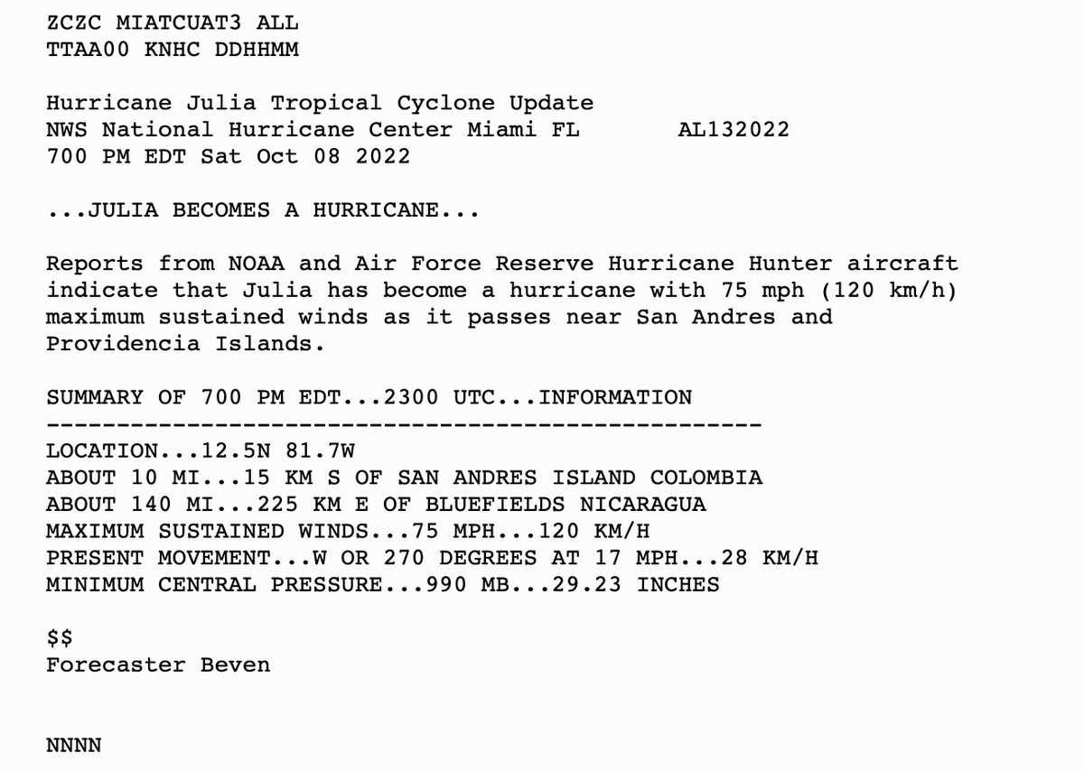NHC_Atlantic's tweet photo. 7 PM EDT Saturday October 8 Update: Data from NOAA and Air Force Reserve reconnaissance aircraft indicate that #Julia has become a hurricane as it passes near San Andres and Providencia Islands. https://t.co/Asvnaw0W4Y